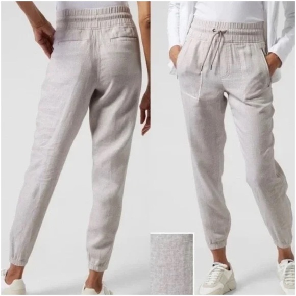 Athleta Pants - ATHLETA Cabo Linen Jogger Micro Cheetah Abalone Grey White size 4 tall
